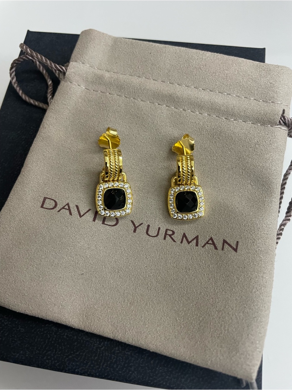 David Yurman Gold Tone Black Onyx Pavé Drop Earrings